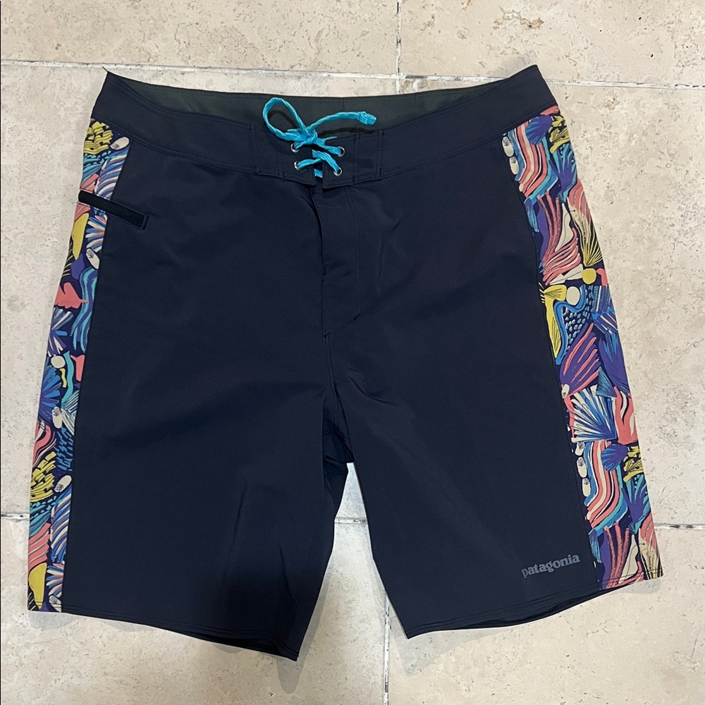 Patagonia Men's Black Board Shorts with Colorful Side Panels